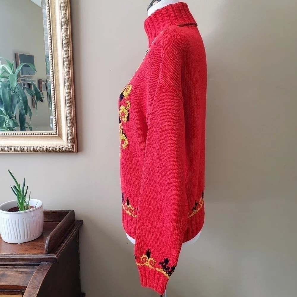 Vintage Liz Claiborne Red Gold Silk Cotton Ornate Regency Turtleneck Sweater M - Picture 5 of 8